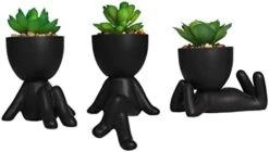 Zerzsy 3 PCS Cute Artificial Succulent Plants With Creative Human Shaped Pots, Mini Potted Succulents Decor For Home Decor (Matte Black) -Green Leaf Store 3187EYr3ZL. AC