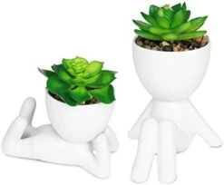 Zerzsy 3 PCS Cute Artificial Succulent Plants With Creative Human Shaped Pots, Mini Potted Succulents Decor For Home Decor (Matte Black) -Green Leaf Store 31WzMc13ASL. AC