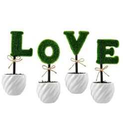 MyGift Set Of 4 Decorative Artificial Sculpted Topiary Hedge Planter With Lettering That Spell Love In White Ceramic Pots