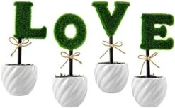 MyGift Set Of 4 Decorative Artificial Sculpted Topiary Hedge Planter With Lettering That Spell Love In White Ceramic Pots -Green Leaf Store 41261E3FzpL. AC