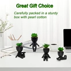 4 PCS Fake Succulent With Ceramic Artificial Succulent Planter Pot For Home Decor, Cute Human Shaped Mini Pots For Office Desk Bathroom Decorations (Matte Black) -Green Leaf Store 413829TssFL