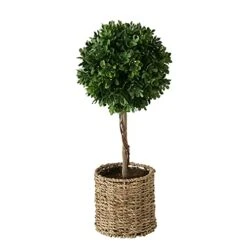 WHW Whole House Worlds Realistic Faux Potted Boxwood Ball Topiary Tree, Rattan Basket Planter, 17 Inches Tall, Weighted Bottom, French Country Style