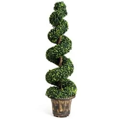 GOPLUS 4 Ft Artificial Boxwood Spiral Topiary Tree, Fake Greenery Plants, Leaves & Cement-Filled Plastic Flower Pot Decorative Trees For Porch Home Office Indoor Outdoor