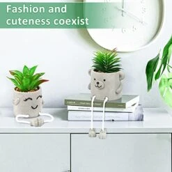 Natheeph 2 Pcs Succulents Plants Artificial Fake Plant Faux Succulents Hanging Leg With Cement Potted For Home Office Desk Bedroom Bookshelf Greenery Decoration (Smile & Bear) -Green Leaf Store 415ow7BGrrL