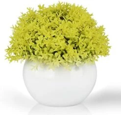 Mini Artificial Plant In White Ceramic Pot | Decorative Faux Plant For Home/Office Decor | Small Potted Topiary | Farmhouse Decor Accent | Desk/Kitchen/Bathroom/Shelf Fake Plant (Yellow) -Green Leaf Store 417HoCgxVWL. AC