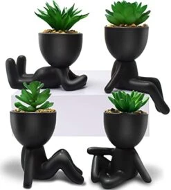 4 PCS Fake Succulent With Ceramic Artificial Succulent Planter Pot For Home Decor, Cute Human Shaped Mini Pots For Office Desk Bathroom Decorations (Matte Black)
