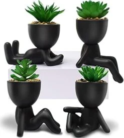 4 PCS Fake Succulent With Ceramic Artificial Succulent Planter Pot For Home Decor, Cute Human Shaped Mini Pots For Office Desk Bathroom Decorations (Matte Black) -Green Leaf Store 419TyiEGgUL. AC