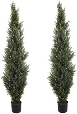 LUWENER Two 4FT Artificial Cedar Topiary Trees,Fake Topiary Outdoor Plants In Pot, UV Rated Plant For The Front Door,Christmas Decor,Garden Decor -Green Leaf Store 41ARGQpsZxL. AC
