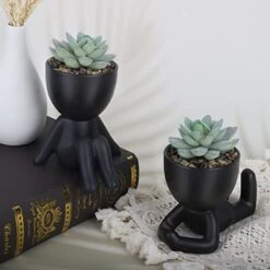 Galiejar Fake Succulents,Mini Succulents Plants Artificial With Ceramic Pots,Cute Home Decor Bathroom Decor Desk Decor Bedroom Decor Office Decor For Women (2Pack, Black) -Green Leaf Store 41KXHRLlsKL