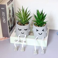 Sets Of 2 Artificial Potted Plant Small Fake Succulent Faux Plant Cute Hanging Leg Cement Potted Succulents Decor For Gift, Office Decoration, Home Décor (2 Smiley) 9 Sets Of 2 Artificial Potted Plant Small Fake Succulent Faux Plant Cute Hanging Leg Cement Potted Succulents Decor For Gift, Office Decoration, Home Décor (2 Smiley) -Green Leaf Store 41N5Y3YTrtL