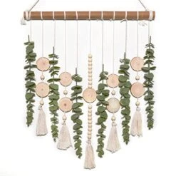 Boho Wall Decor Artificial Eucalyptus Wall Hanging Bathroom Decor Fake Eucalyptus Plants Greenery Leaves With Wooden Bead Garland On Stick Rustic Farmhouse Home Decorations For Bedroom Nursery Kitchen