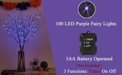 BAOLITVINE Halloween Tree Branch Lights Withe Timer 100 Purple Fairy Lights 35IN, Lighted Black Branches Battery Operated For Halloween Decorations Inside Outdoor