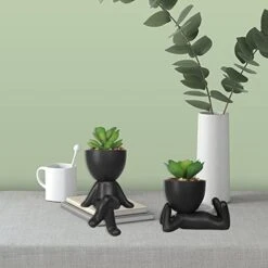 Zerzsy 3 PCS Cute Artificial Succulent Plants With Creative Human Shaped Pots, Mini Potted Succulents Decor For Home Decor (Matte Black) -Green Leaf Store 41cpvK4FC5L