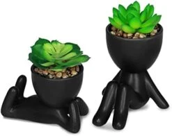 Zerzsy 3 PCS Cute Artificial Succulent Plants With Creative Human Shaped Pots, Mini Potted Succulents Decor For Home Decor (Matte Black) -Green Leaf Store 41kOEBoNUhL. AC
