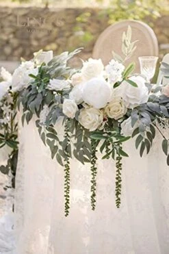 Ling's Moment 9FT Eucalyptus And Willow Leaf Garland With White Flower, Handcrafted Wedding Sweetheart Table Centerpieces Head Table Decor Arch Backdrop Decorations For Wedding | White & Sage -Green Leaf Store 41mCFuX5L8L