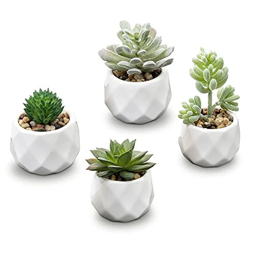 MyGift Set Of 4 Mini Assorted Artificial Succulent Fake Plants In Modern White Textured Ceramic Plant Pots 1 MyGift Set Of 4 Mini Assorted Artificial Succulent Fake Plants In Modern White Textured Ceramic Plant Pots