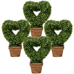 Goplus 4 Pack Artificial Boxwood Topiary Trees, Mini Fake Greenery Plants, Small Faux Decorative Plants, Tabletop Potted Artificial Plants For Home Office Desk Dining Table (Green-Heart Shape)