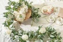 Miracliy 6 Ft Eucalyptus Garland With Flowers, Lambs Ear Greenery White Roses Flower Garland Fake Vines For Wedding Boho Table Mantle Backdrop Party Farmhouse Home Decor -Green Leaf Store 511YtdI7kAL