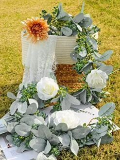 Miracliy 6 Ft Eucalyptus Garland With Flowers, Lambs Ear Greenery White Roses Flower Garland Fake Vines For Wedding Boho Table Mantle Backdrop Party Farmhouse Home Decor -Green Leaf Store 511e6mPHzzS