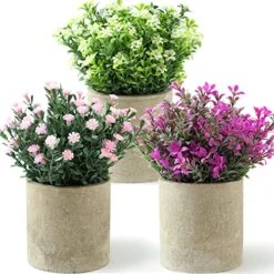 ALAGIRLS Small Fake Plants Set Of 3 Home Decor Indoor, Potted Artificial Plant Flowers Living Room Bedroom Bathroom Aesthetic, Mini Faux Plant In Pots For Desk Shelf Office, Purple Pink White