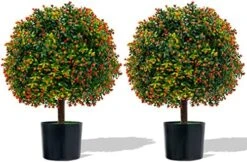 Goplus 22” Artificial Boxwood Topiary Ball Tree, Set Of 2 Faux Potted Plants Artificial Shrubs Bushes With Orange Fruits, Ball-Shaped Artificial Topiary For Indoor Outdoor Home Front Porch Decor -Green Leaf Store 513jiQl1l0L. AC 1