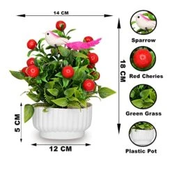 S-BIV Artificial Mini Cherry Plant With Sitting Bird In Plastic Pot, Indoor Faux Artificial Plants With Pot For Desk Or Home Décor Artificial Green Plants For Décor (Red) -Green Leaf Store 515XeNMw0UL
