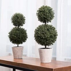 MyGift 14.7 Inch Green Artificial Boxwood Topiary Trees - Decorative Faux Indoor Plants In Gray Paper Pulp Planter Pots -Green Leaf Store 515fNmWyTSL