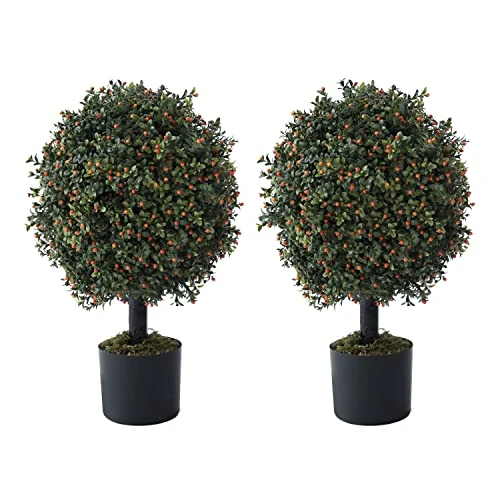 Fencer Wire Artificial Boxwood Topiary Ball Tree Set Of 2, Artificial UV Resistant Bushes, Faux Potted Tree, Plant In Pot W/Dried Moss, Fake Shrubs For Indoor, Front Porch, Outdoor, W/Orange Flower 1 Fencer Wire Artificial Boxwood Topiary Ball Tree Set Of 2, Artificial UV Resistant Bushes, Faux Potted Tree, Plant In Pot W/Dried Moss, Fake Shrubs For Indoor, Front Porch, Outdoor, W/Orange Flower