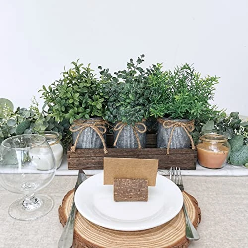 Set Of 3 Mini Potted Plants Arrangement Faux Boxwood Eucalyptus Rosemary Plants In Rustic Galvanized Metal Pots With Rectangle Wood Box For Farmhouse Table Centerpiece Mantel Kitchen Greenery Decor 2 Set Of 3 Mini Potted Plants Arrangement Faux Boxwood Eucalyptus Rosemary Plants In Rustic Galvanized Metal Pots With Rectangle Wood Box For Farmhouse Table Centerpiece Mantel Kitchen Greenery Decor - Image 2
