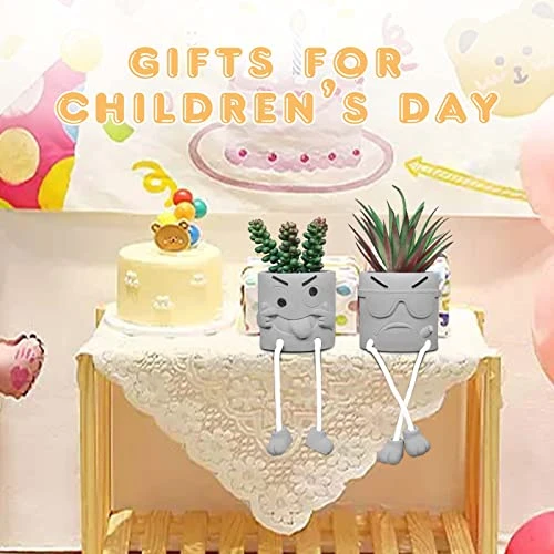 SEMSOIIO 2 Pcs Fake Plants In Cement Pot With Hanging Legs, Creative Artificial Faux Succulent For Home/Office Decor (Tongue & Smoking) 2 SEMSOIIO 2 Pcs Fake Plants In Cement Pot With Hanging Legs, Creative Artificial Faux Succulent For Home/Office Decor (Tongue & Smoking) - Image 2