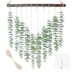 Artificial Eucalyptus Greenery Hanging Wall Decor Fake Eucalyptus Vines Wall Hanging Plants With Wooden Stick Farmhouse Rustic Boho Wall Decor For Bedroom, Living Room, Entryway And Bathroom Decor