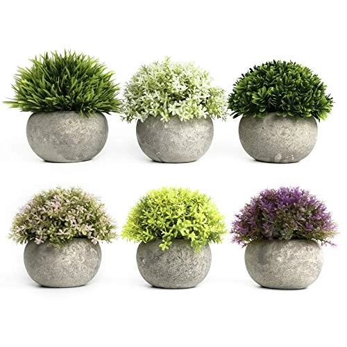 Tuokor 4.75" Mini Artificial Plastic Plants Green Grass Colorful Shrubs Faux Flowers With Gray Pots For Home Decor, Office Decor - Set Of 6 1 Tuokor 4.75" Mini Artificial Plastic Plants Green Grass Colorful Shrubs Faux Flowers With Gray Pots For Home Decor, Office Decor - Set Of 6