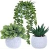 Winlyn 3 Pcs Assorted Small Potted Succulent Plants Artificial Aloe Hanging Succulent In White Geometric Concrete Ceramic Pots For Gift Party Wedding Favors Windowsill Table Shelf Indoor Outdoor Decor -Green Leaf Store 51EFoBcheUL