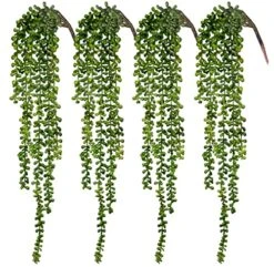 CEWOR 4pcs Artificial Succulents Hanging Plants Fake String Of Pearls For Wall Home Garden Decor (24 Inches Each Length)