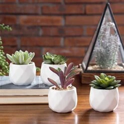 MyGift Miniature Artificial Succulents, Indoor Fake House Plants In Round White Geometric Ceramic Pots, Set Of 4 -Green Leaf Store 51FCuM0QIoL