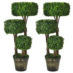 Goplus 36” 2 Pack Artificial Triple Square Shaped Boxwood Topiary Tree W/Cement-Filled Plastic Pot, Fake Plant Faux Greenery Plant Indoor & Outdoor Decoration For Home Office Garden Patio Entrance