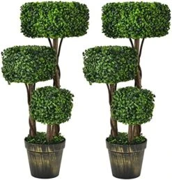 Goplus 36” 2 Pack Artificial Triple Square Shaped Boxwood Topiary Tree W/Cement-Filled Plastic Pot, Fake Plant Faux Greenery Plant Indoor & Outdoor Decoration For Home Office Garden Patio Entrance -Green Leaf Store 51FiZakBu9L. AC