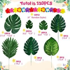 Moon Boat 120PCS Tropical Palm Leaves Plants Hibiscus Artificial-105Pcs 7 Kinds Green Fake Leaf+15pcs Flowers, Hawaiian/Luau/Safari Jungle Party Table Decorations -Green Leaf Store 51GSI50g8aL