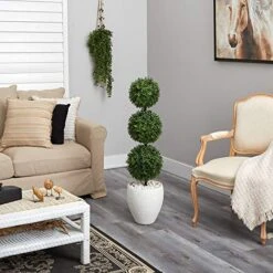 Nearly Natural 3.5ft. Boxwood Triple Ball Topiary Artificial Tree In White Planter (Indoor/Outdoor), Green -Green Leaf Store 51H05BQ7ocL