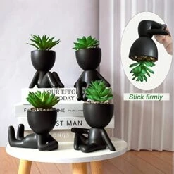 4 PCS Fake Succulent With Ceramic Artificial Succulent Planter Pot For Home Decor, Cute Human Shaped Mini Pots For Office Desk Bathroom Decorations (Matte Black) -Green Leaf Store 51HVR3WxqXL