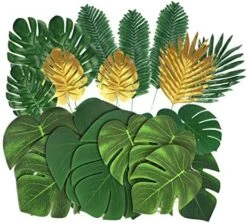 86Pcs 8Kinds Artificial Tropical Palm Leaves Jungle Safari Leaves Faux Plant Golden Leaves Decorations For Hawaiian Beach Birthday Luau Party Table Decorations -Green Leaf Store 51HWZz5n6BL. AC