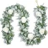 Miracliy 6 Ft Eucalyptus Garland With Flowers, Lambs Ear Greenery White Roses Flower Garland Fake Vines For Wedding Boho Table Mantle Backdrop Party Farmhouse Home Decor -Green Leaf Store 51INLJdyPnS