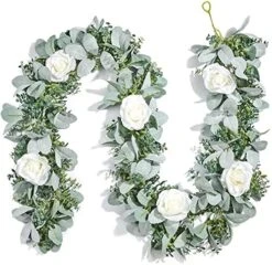 Miracliy 6 Ft Eucalyptus Garland With Flowers, Lambs Ear Greenery White Roses Flower Garland Fake Vines For Wedding Boho Table Mantle Backdrop Party Farmhouse Home Decor -Green Leaf Store 51INLJdyPnS. AC 1