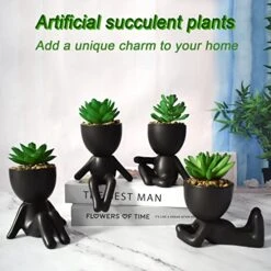 4 PCS Fake Succulent With Ceramic Artificial Succulent Planter Pot For Home Decor, Cute Human Shaped Mini Pots For Office Desk Bathroom Decorations (Matte Black) -Green Leaf Store 51KNgRV85xL