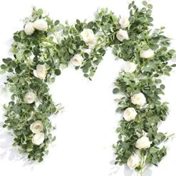 Der Rose 2 Pack 13Ft Artificial Eucalyptus Flower Garland With Fake Rose Flower Vine Seeded Eucalyptus Leaves Greenery Garland For Wedding Table Runner Backdrop Party Centerpiece Room Decor (White) -Green Leaf Store 51NazmHGXcL. AC 1