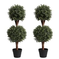 （Set Of 2） Lifelike 3Ft Arfiticial Double Ball Topiary Trees Outdoor Faux Topiary Tree For Out Door Porch Decor