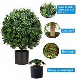 24''T Artificial Trees For Outdoors Set Of 2, Outdoor Artificial Boxwood Ball Topiary Bushes Potted Plants,Home Decor Artificial Topiariy Trees For Front Porch -Green Leaf Store 51PB128alPL