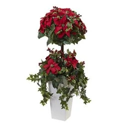 Nearly Natural Poinsettia Berry Topiary With Decorative Planter, 4'