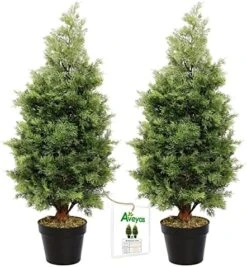 Aveyas 2 Pack 4ft Artificial Cone Topiary Cedar Trees In Cemented Plastic Pot, Fake Cypress Plants Faux Mini Pine Silk Trees For Indoor Outdoor Patio Front Door Porch Floor Home Modern Decor, 4 Feet -Green Leaf Store 51PIYRdQeCL. AC