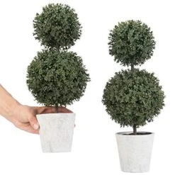 MyGift 14.7 Inch Green Artificial Boxwood Topiary Trees - Decorative Faux Indoor Plants In Gray Paper Pulp Planter Pots -Green Leaf Store 51PQJe7Ez2L